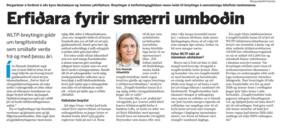 Bílablað Morgunblaðsins 20.01.2026 Viðtal við Írisi Hannah Atladóttur hagfræðing SVÞ og BGS